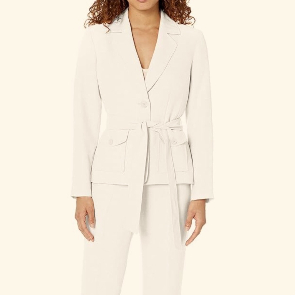 Creamy Winter White Belted & Tailored Professional Blazer Stretch Jacket Size 8 - Picture 14 of 16